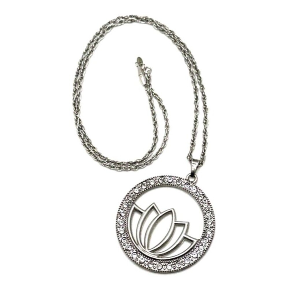 Vintage Rhinestone Lotus Pendant Necklace Round Silver Tone Statement MCM 22"